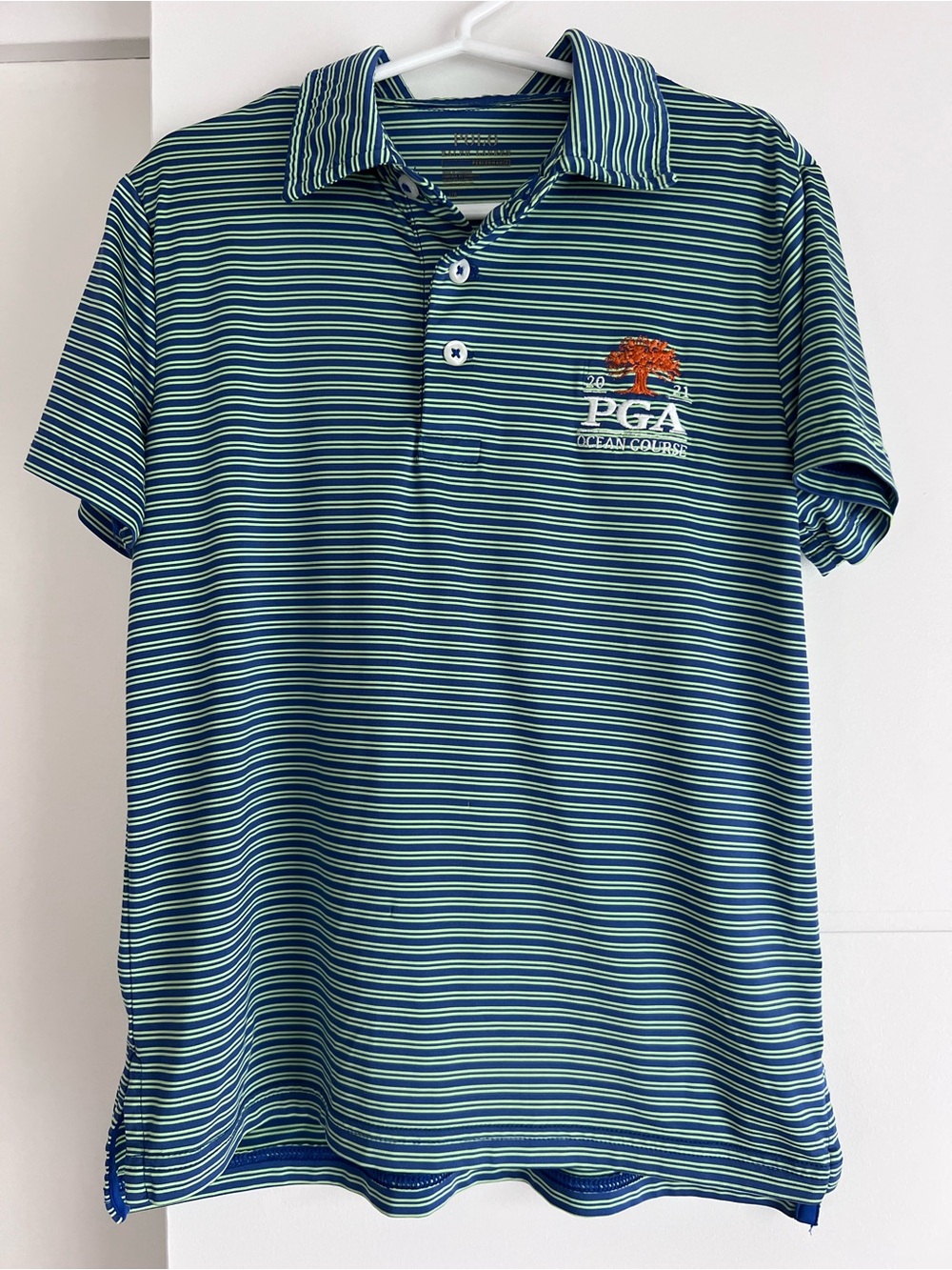 POLO Kids PGA Ocean Course Striped Golf Polo - Blue & Green